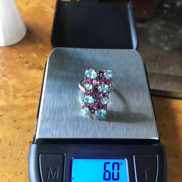 Natural Rhodolite Garnet Blue Zircon Sterling Silver Cocktail Ring Size 5 - Picture 8 of 9
